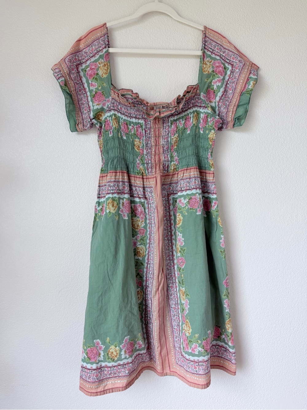 Blue Plate Cottagecore Floral Midi Dress Green Pink Smocked 100% Cotton 1X
